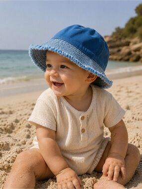 Vintage Children’s Blue Ombre Frayed-Edge Bucket Hat